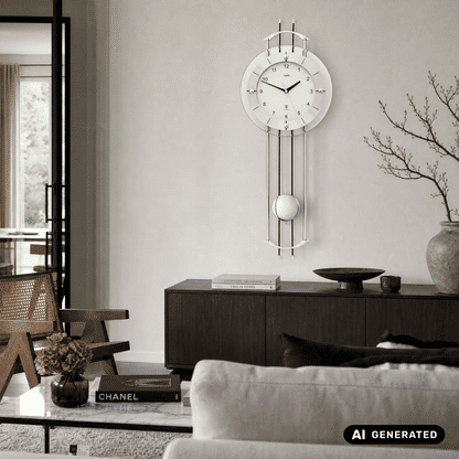 Wanduhr mit rundem Ziffernblatt, silbernem Metallring und Pendel