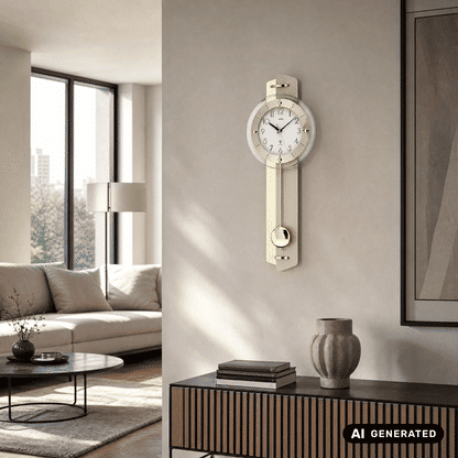 Wanduhr in Goldfarben mit rundem Ziffernblatt, transparenter Front und Pendelgewicht