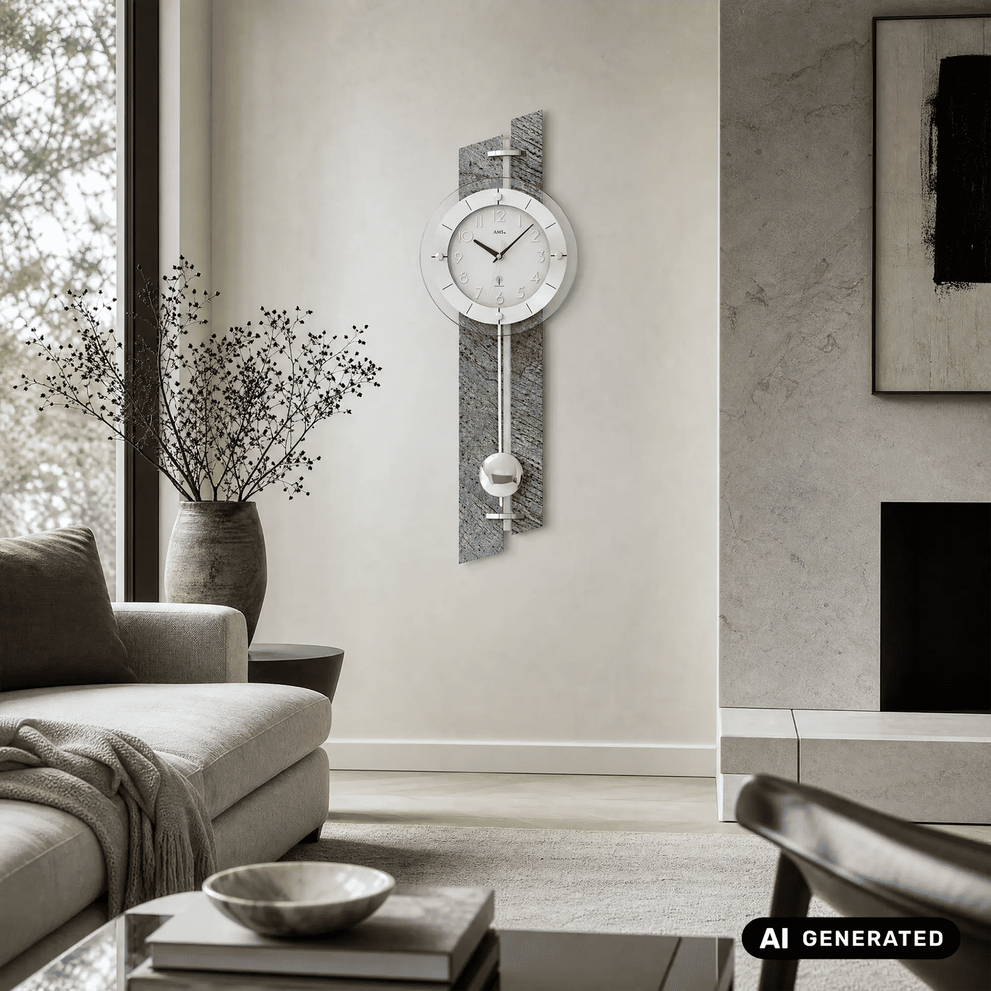 Wanduhr an der Wand mit rundem Ziffernblatt und Pendelgewicht, klare Glasabdeckung