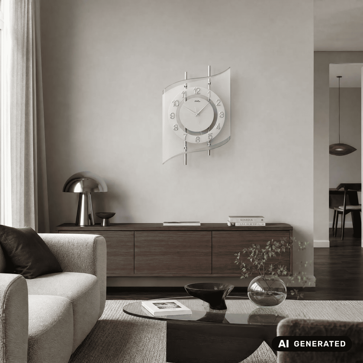 AMS Wanduhr an der Wand, silbernes Metallgehäuse mit transparentem Mineralglas und Zahlenring