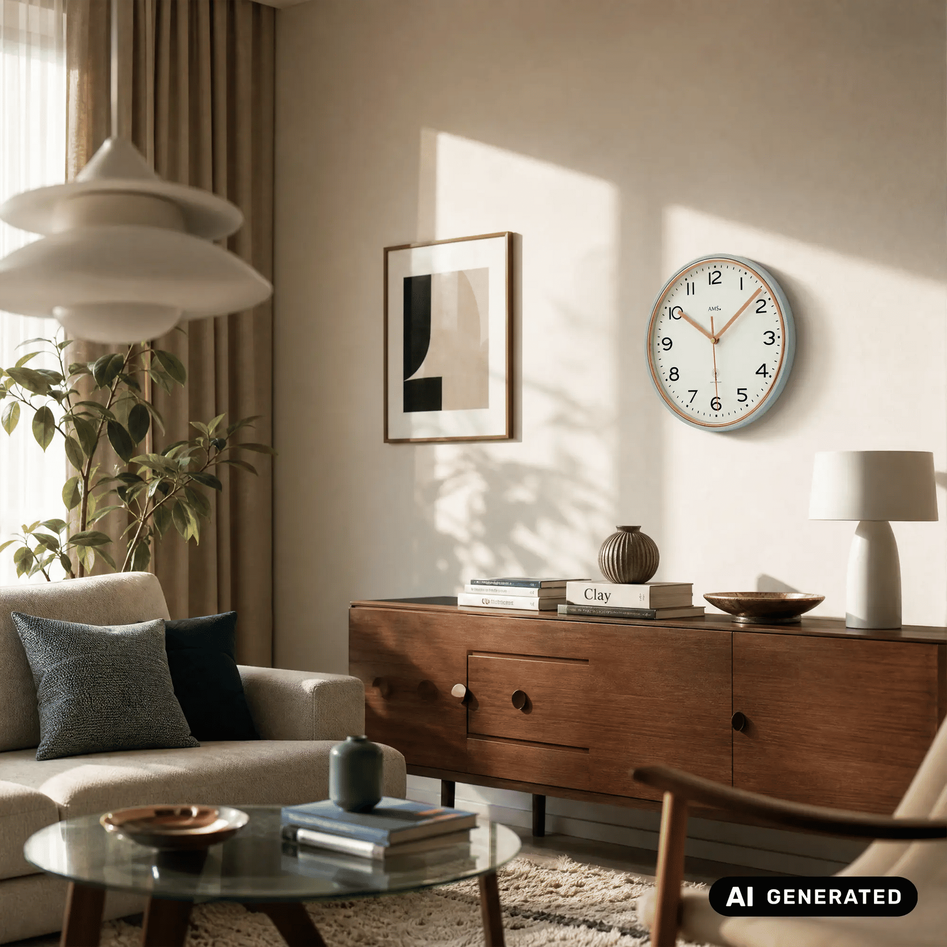 Wanduhr mit türkisfarbener Einfassung, weißem Zifferblatt und orangefarbenen Zeigern