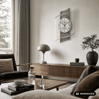AMS Heidelberg Wanduhr mit rundem Zifferblatt und Glasfront an Holz-/Steinplatte