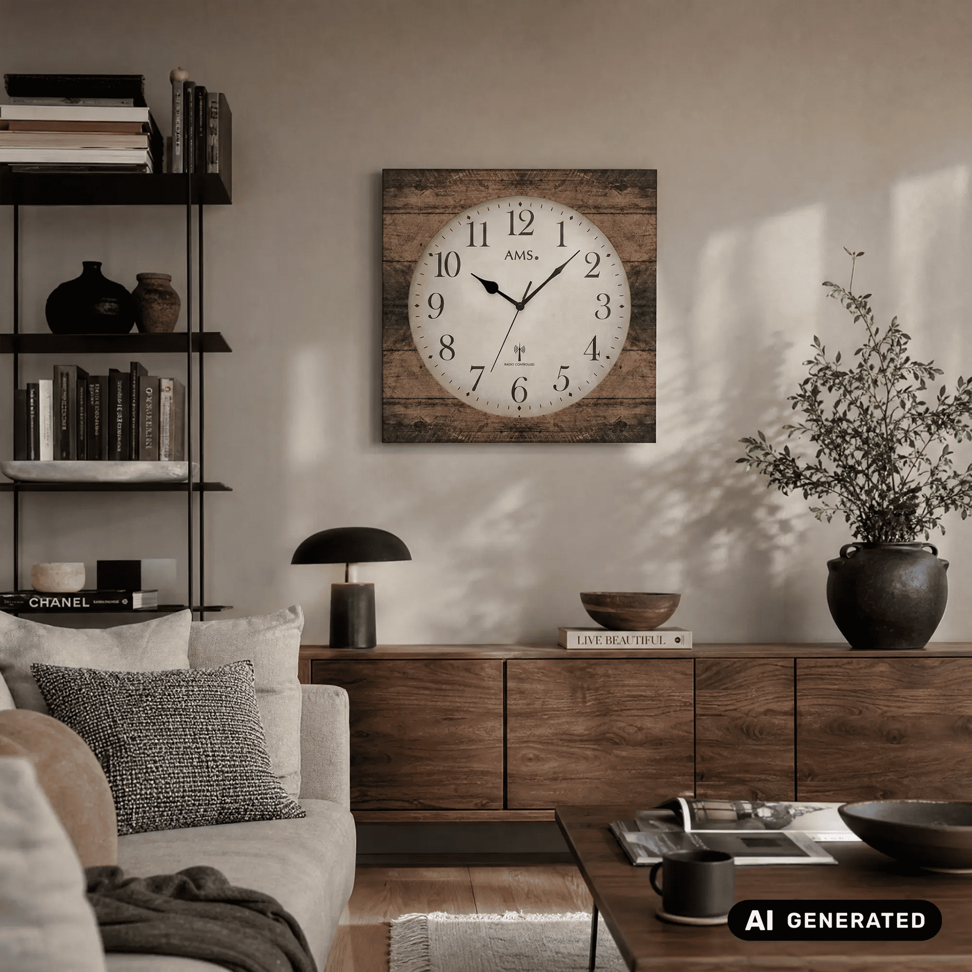 AMS Wanduhr im Wohnraum: quadratischer Holzstrukturrahmen, beige Zifferblatt, Mineralglas