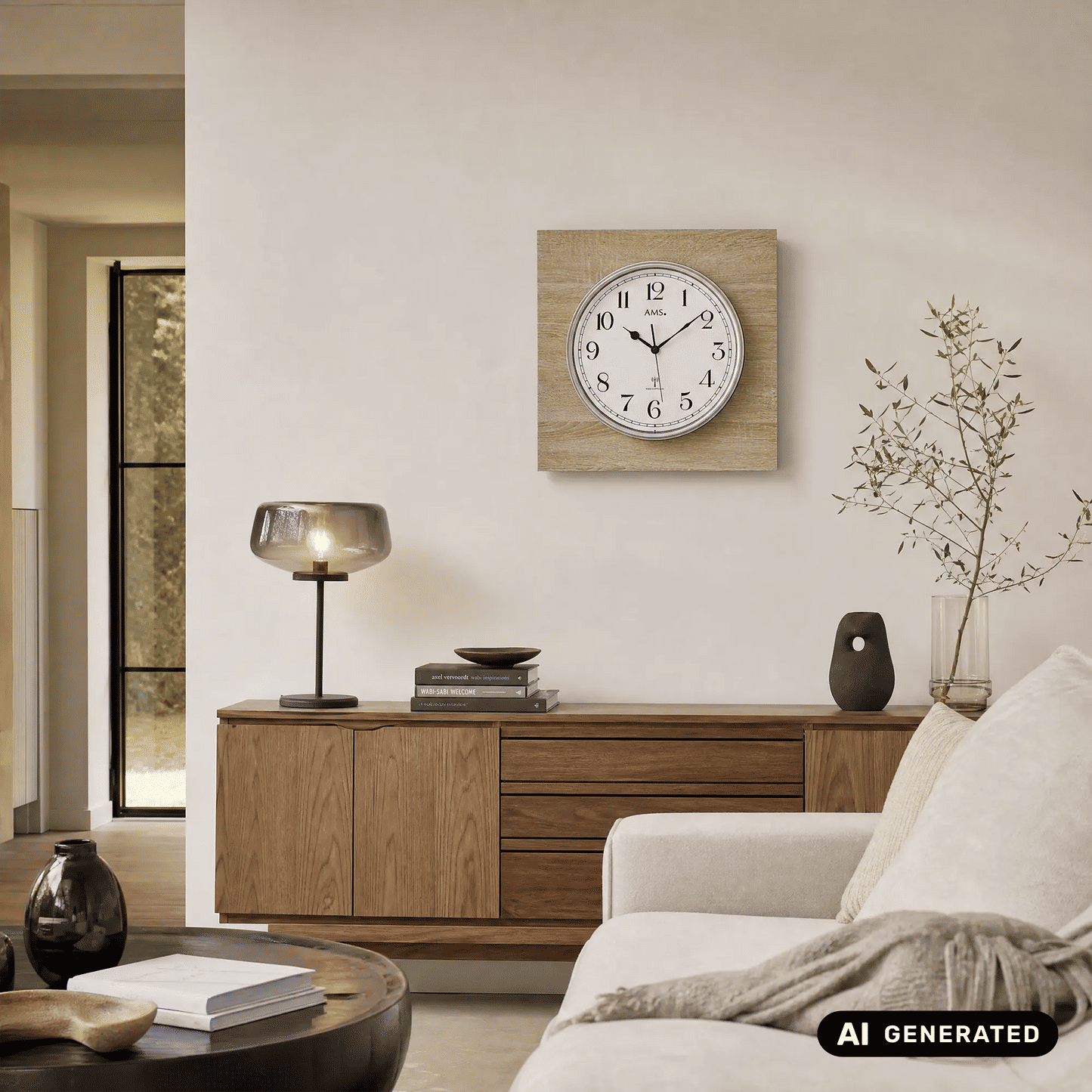 Runde Wanduhr mit Holzrahmen und Mineralglas, weißes Zifferblatt mit arabischen Zahlen