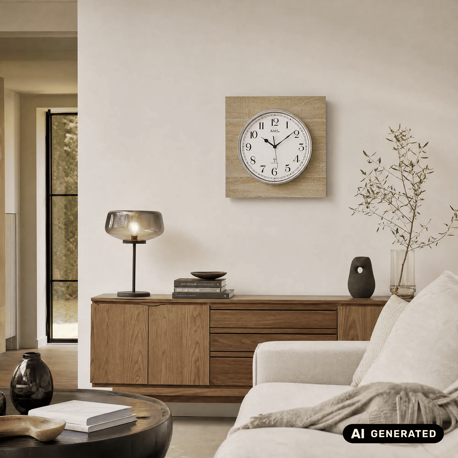 Runde Wanduhr mit Holzrahmen und Mineralglas, weißes Zifferblatt mit arabischen Zahlen
