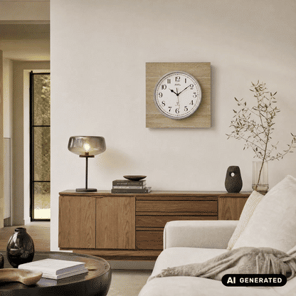 Runde Wanduhr mit Holzrahmen und Mineralglas, weißes Zifferblatt mit arabischen Zahlen
