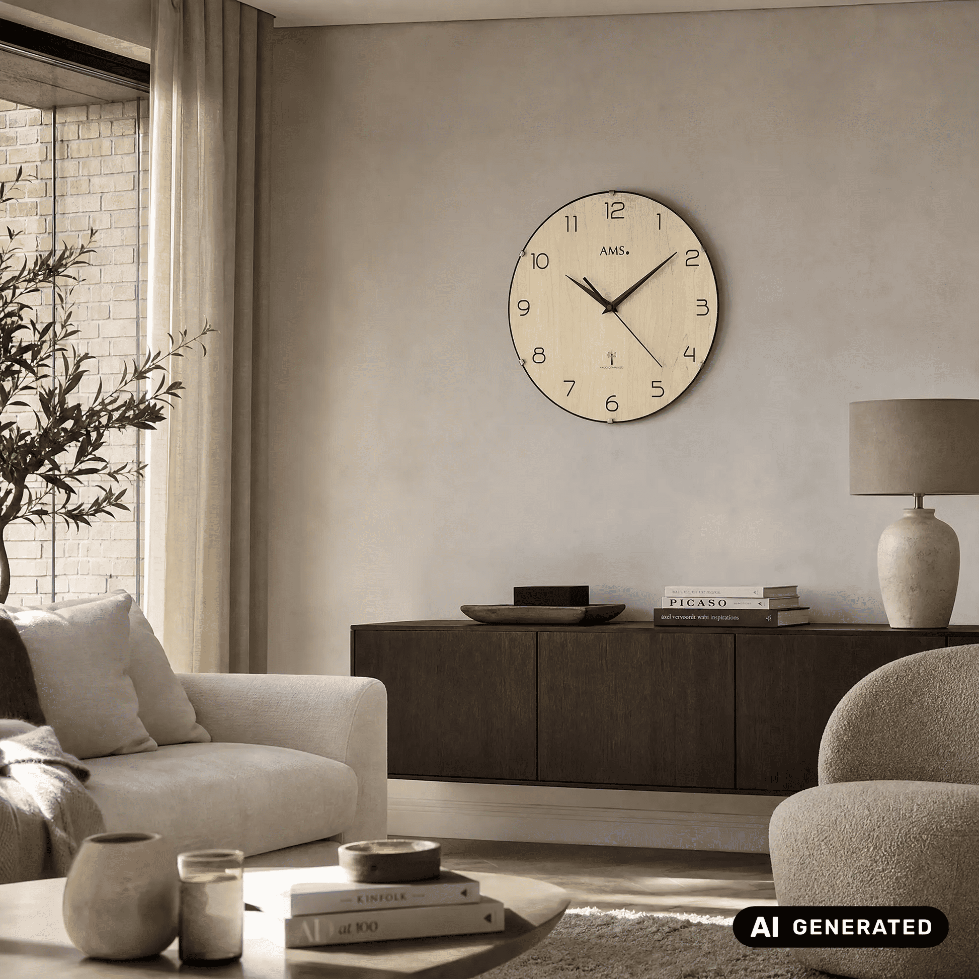 Runde Funk-Wanduhr an der Wand, Holz-Ziffernblatt mit Zeigern und AMS-Schrift