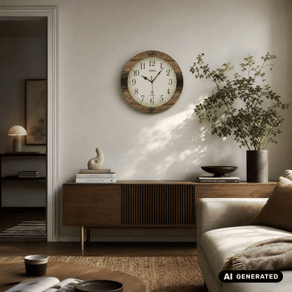 Wanduhr mit rundem Nussbaum-Holzrahmen und weißem Zifferblatt, Zeiger und Ziffern sichtbar