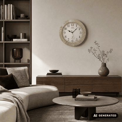 AMS Funk-Wanduhr an der Wand: antik-goldener Kreisrahmen, beiges Zifferblatt