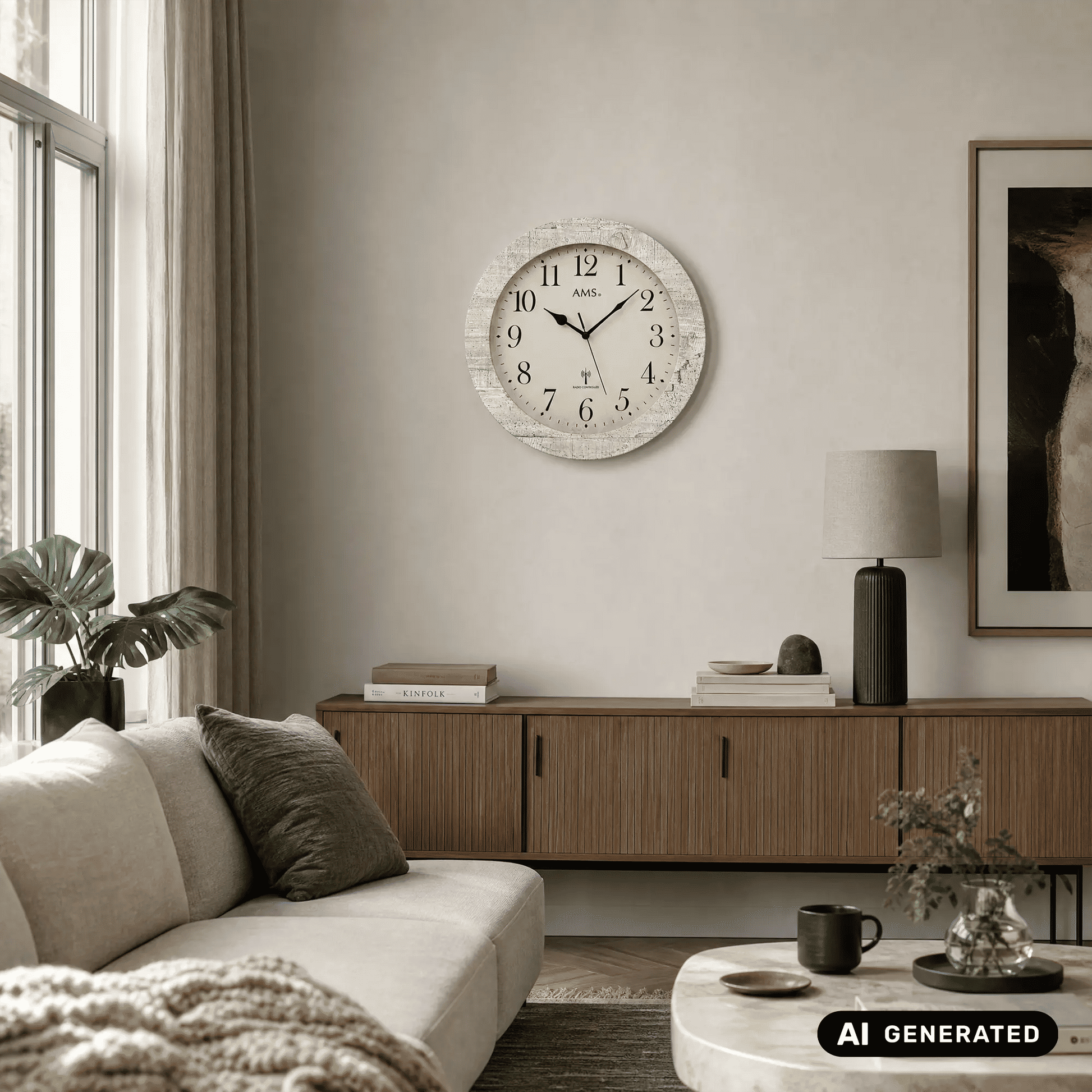 AMS Funk-Wanduhr in Grau: beiges Zifferblatt mit Ziffernkranz und schwarzen Zeigern