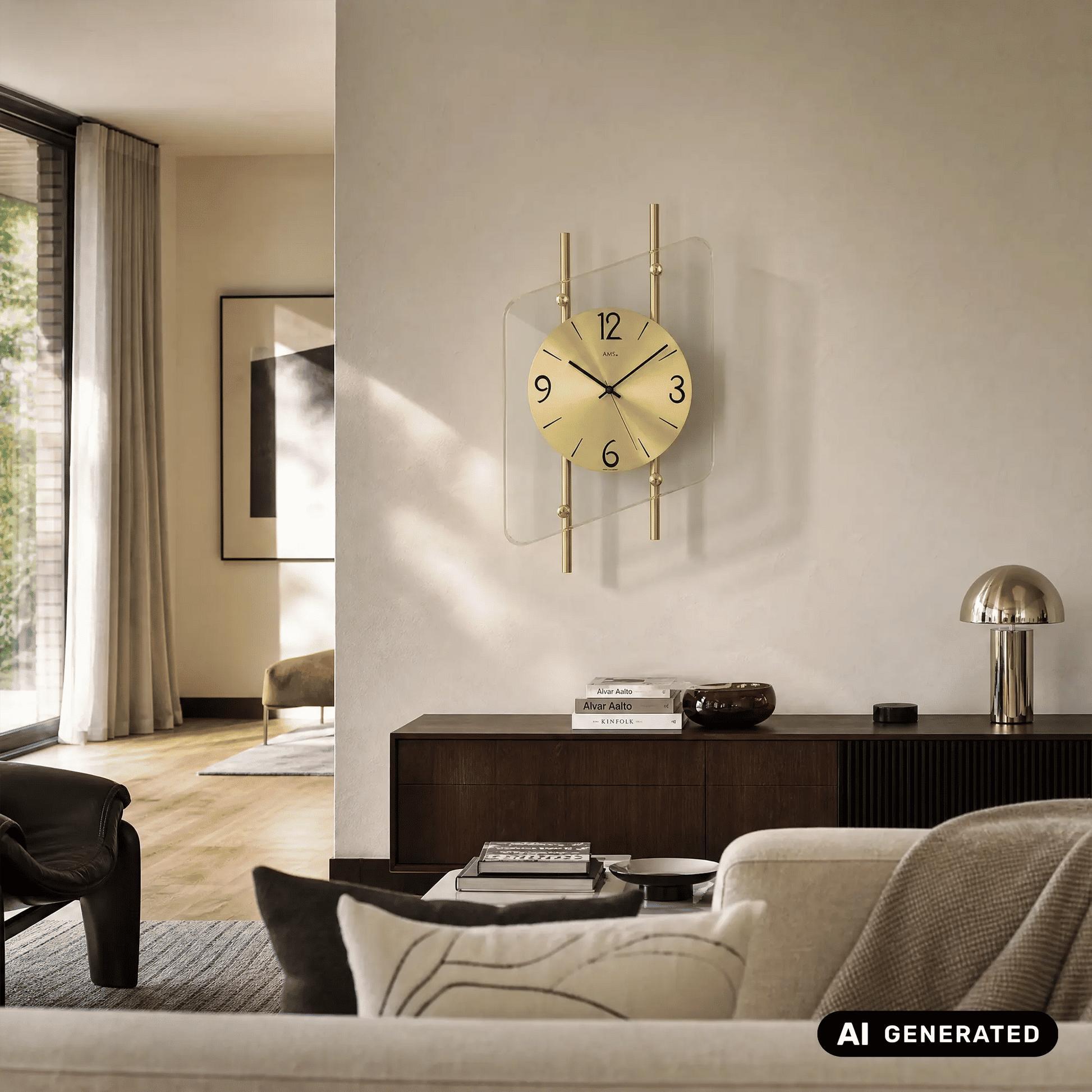 AMS Wanduhr mit rundem, gelbem Ziffernblatt, goldenen Stäben und Mineralglas