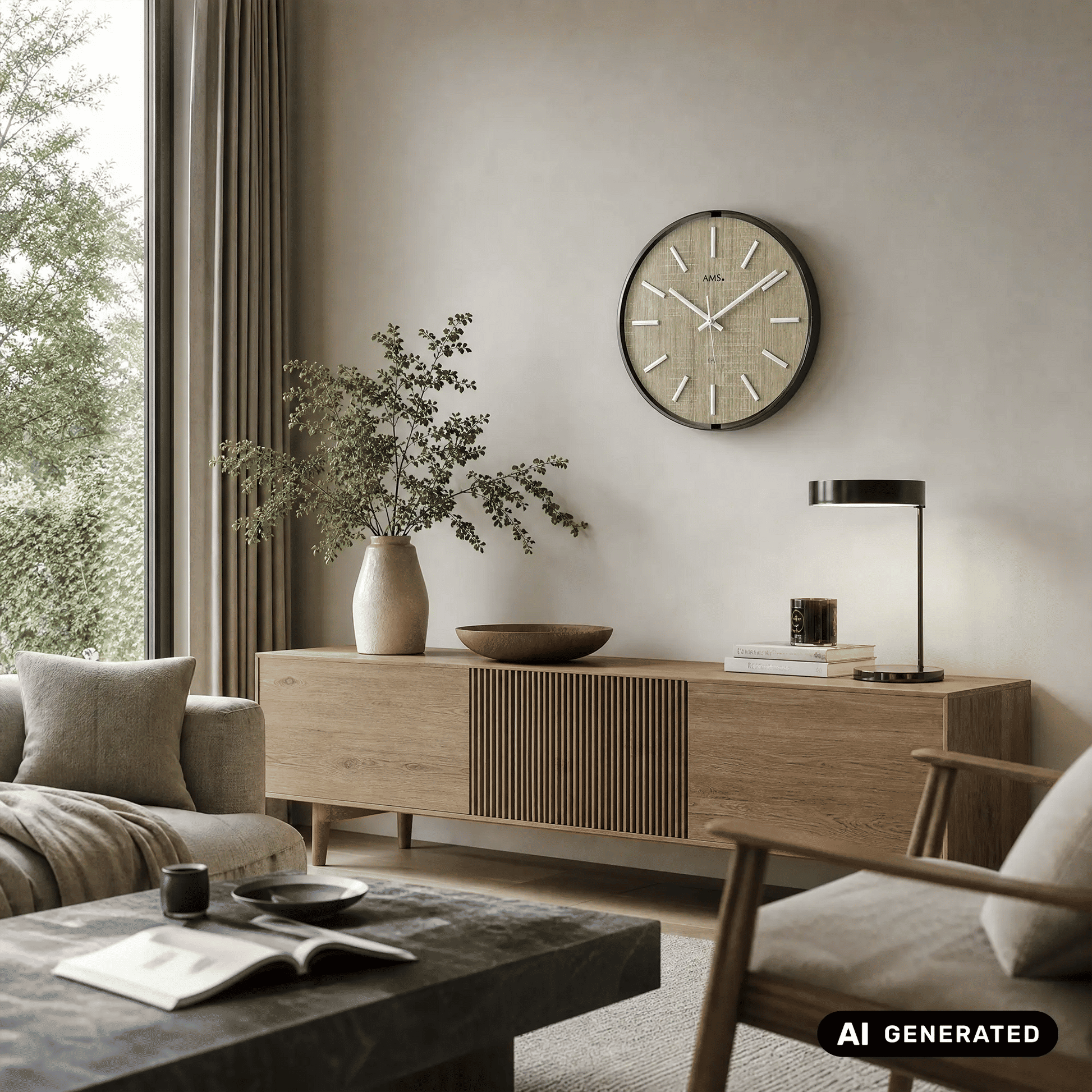 AMS Funk-Wanduhr mit gold-beigem Ziffernblatt, silbernen Balkenindizes und rundem Rahmen