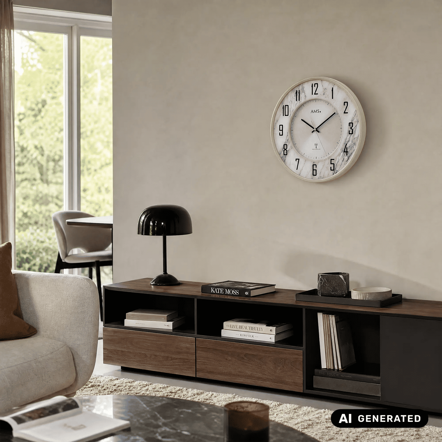 AMS Funk-Wanduhr mit weißem Ziffernblatt, schwarzen Ziffern, marmorierter Umrandung