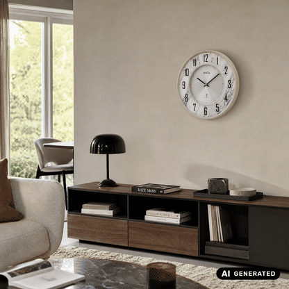 AMS Funk-Wanduhr mit weißem Ziffernblatt, schwarzen Ziffern, marmorierter Umrandung