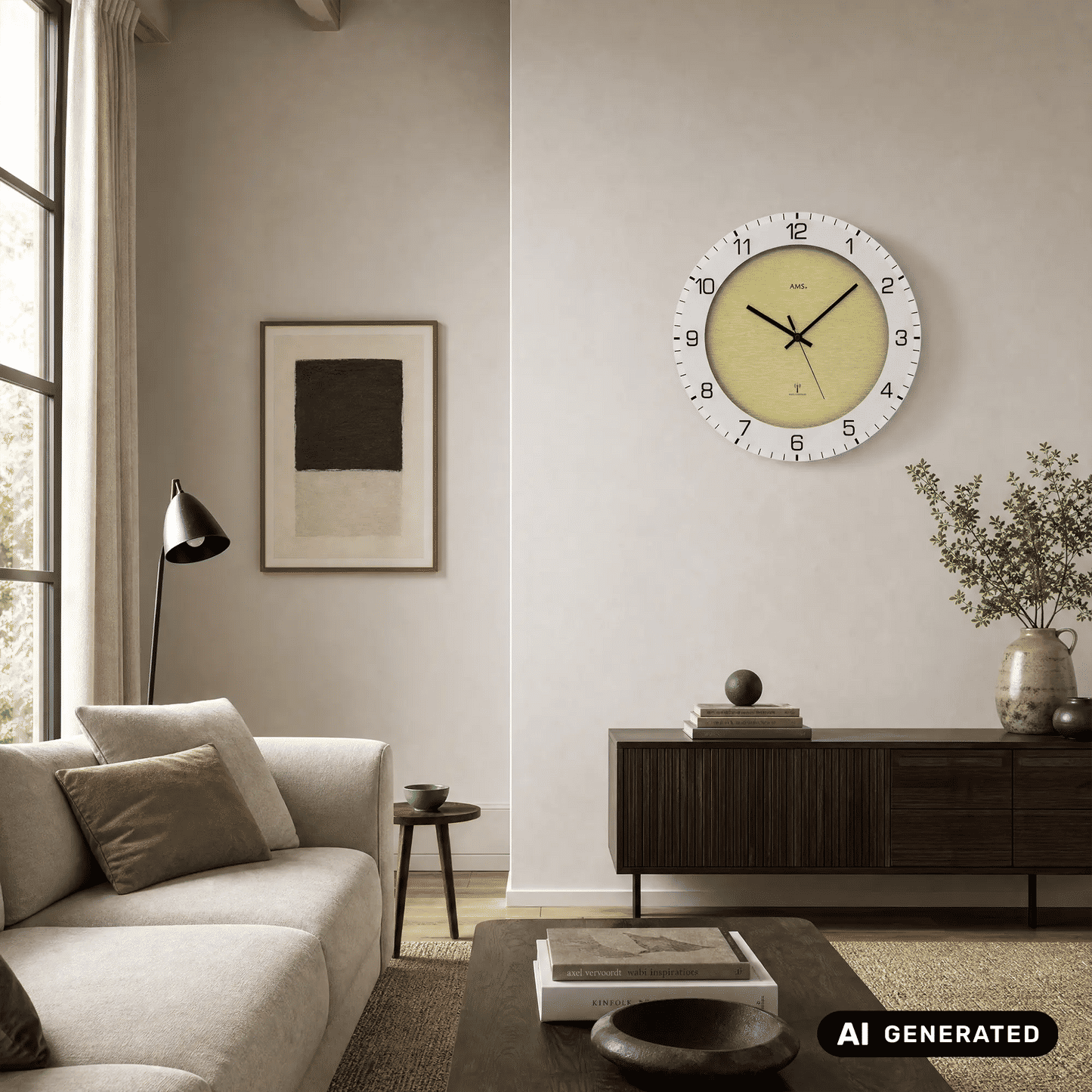 AMS Funk-Wanduhr an Wand im Wohnzimmer: hellgraues Zifferblatt, weiße Ziffern, schwarze Zeiger