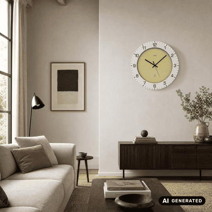 AMS Funk-Wanduhr an Wand im Wohnzimmer: hellgraues Zifferblatt, weiße Ziffern, schwarze Zeiger