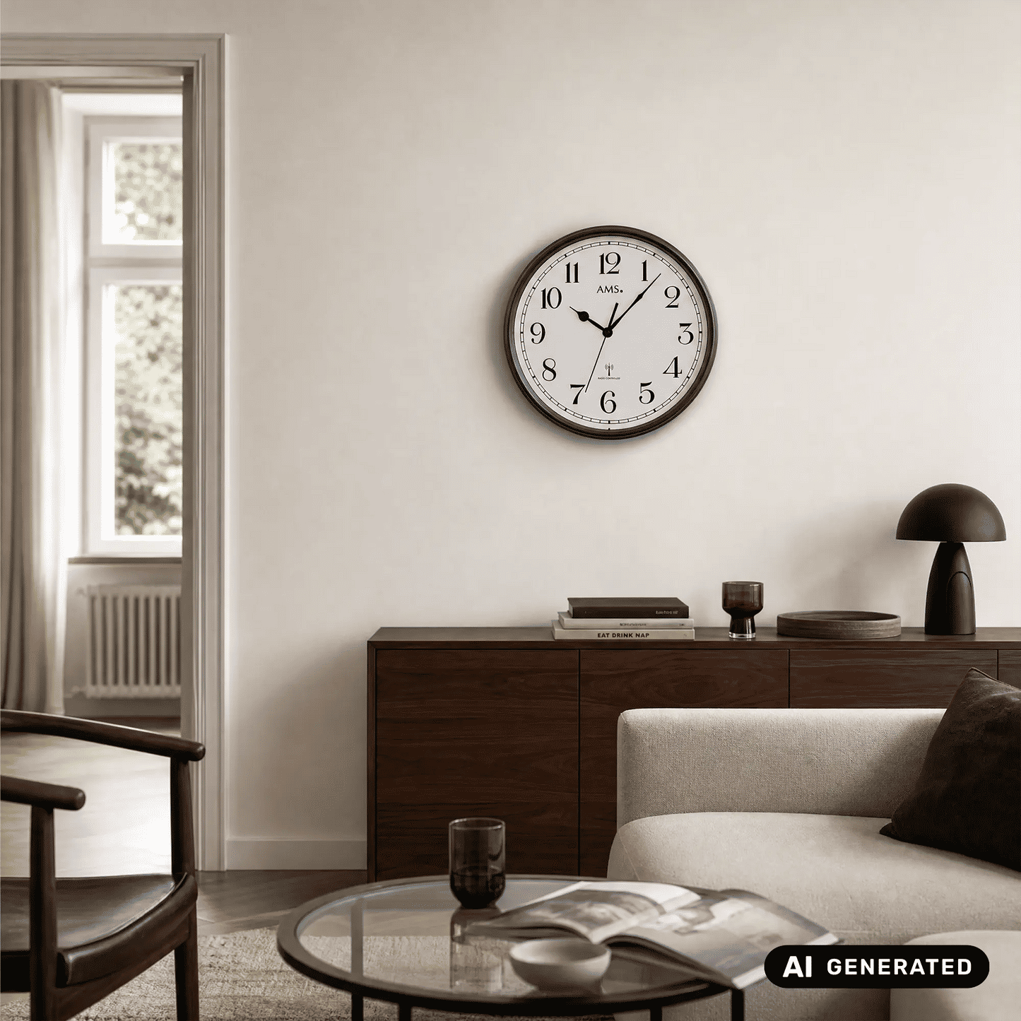 AMS Wanduhr mit dunklem Gehäuse, römische Ziffern, schwarze Zeiger und Uhrglas