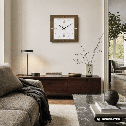 Wanduhr im Nussbaumrahmen mit weißem Zifferblatt und goldenen Applikationen