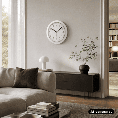 Funk-Wanduhr an der Wand mit weißem Zifferblatt, schwarzen Zeigern und silbernem Gehäuse.