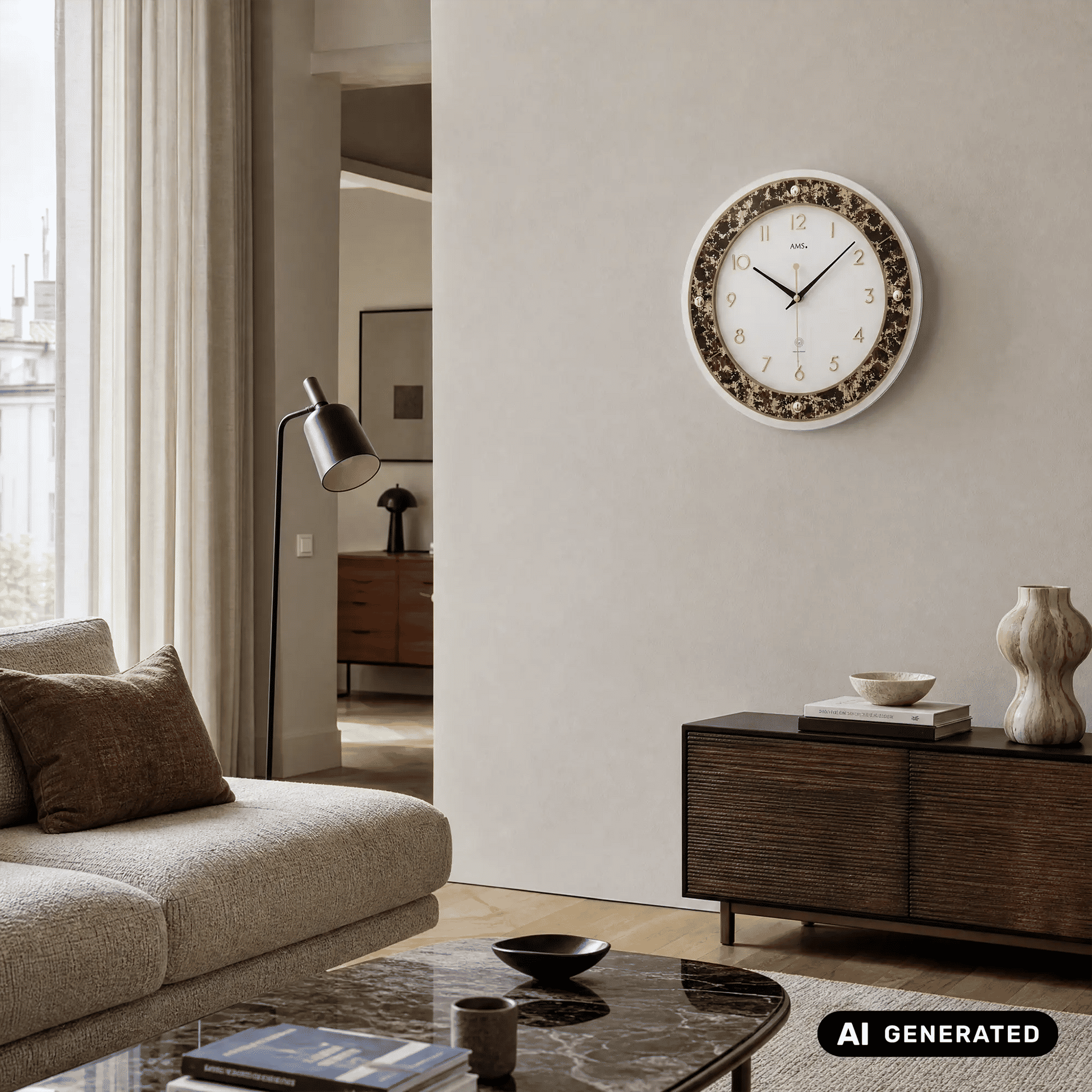 Wanduhr an Wand mit braun-goldenem Ornamentrand, goldenen Ziffern und schwarzen Zeigern