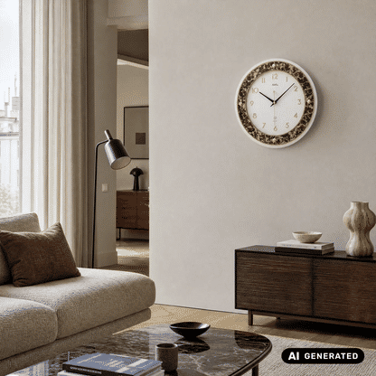 Wanduhr an Wand mit braun-goldenem Ornamentrand, goldenen Ziffern und schwarzen Zeigern