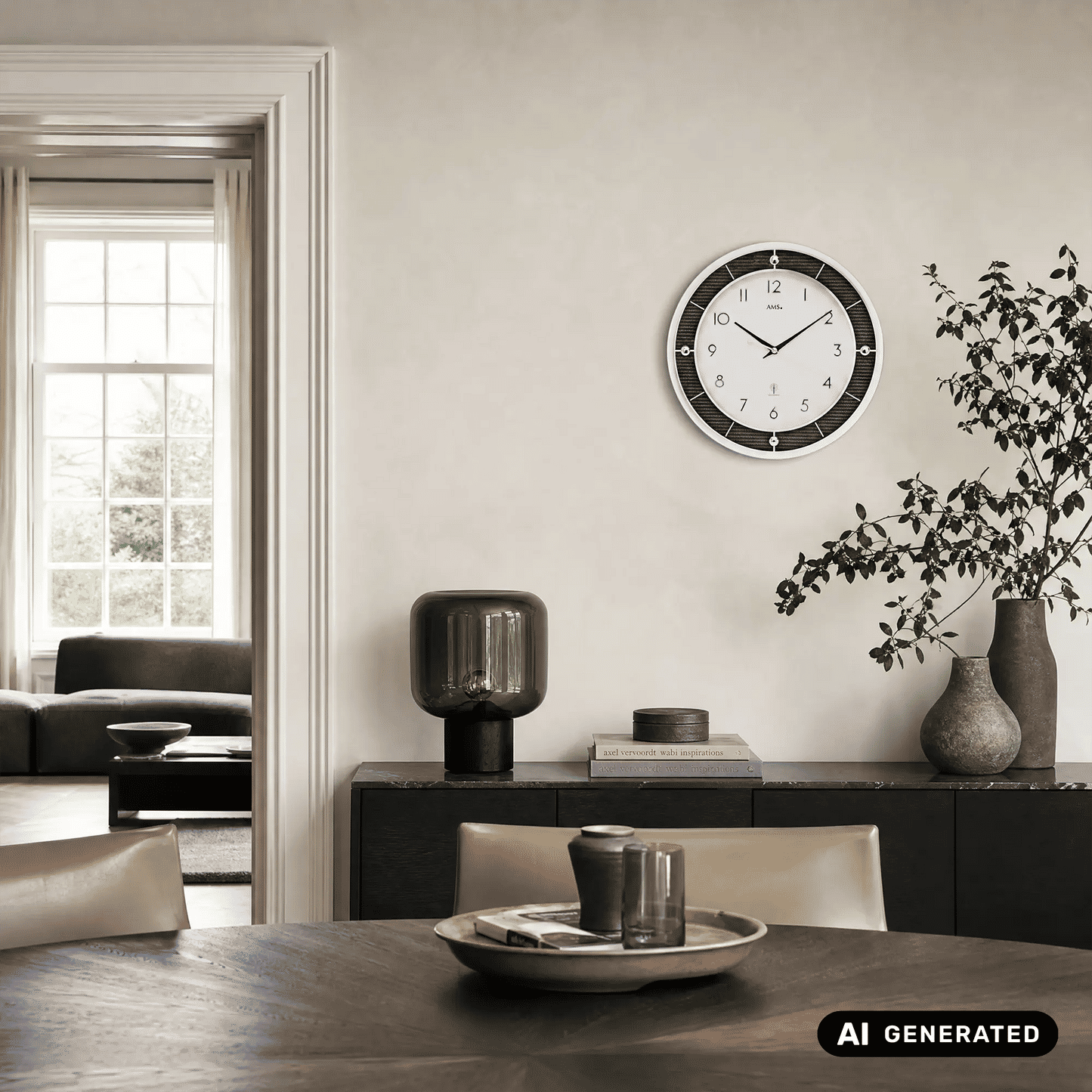 Wanduhr an Wand mit silbernem Rahmen, weißem Zifferblatt und schwarzem Ziffernring
