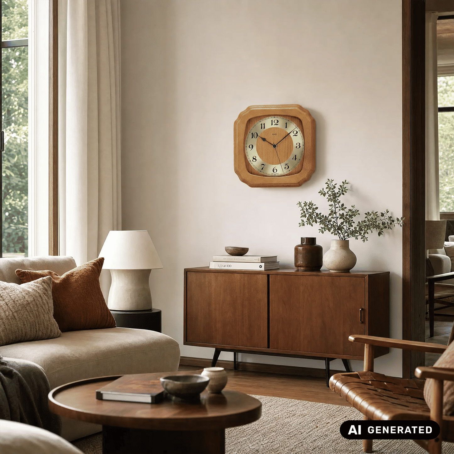 Kirschbaumfarbene Funk-Wanduhr an der Wand mit Glasfront und Ziffernring