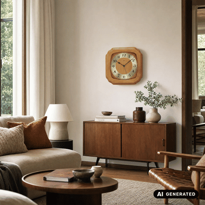 Kirschbaumfarbene Funk-Wanduhr an der Wand mit Glasfront und Ziffernring
