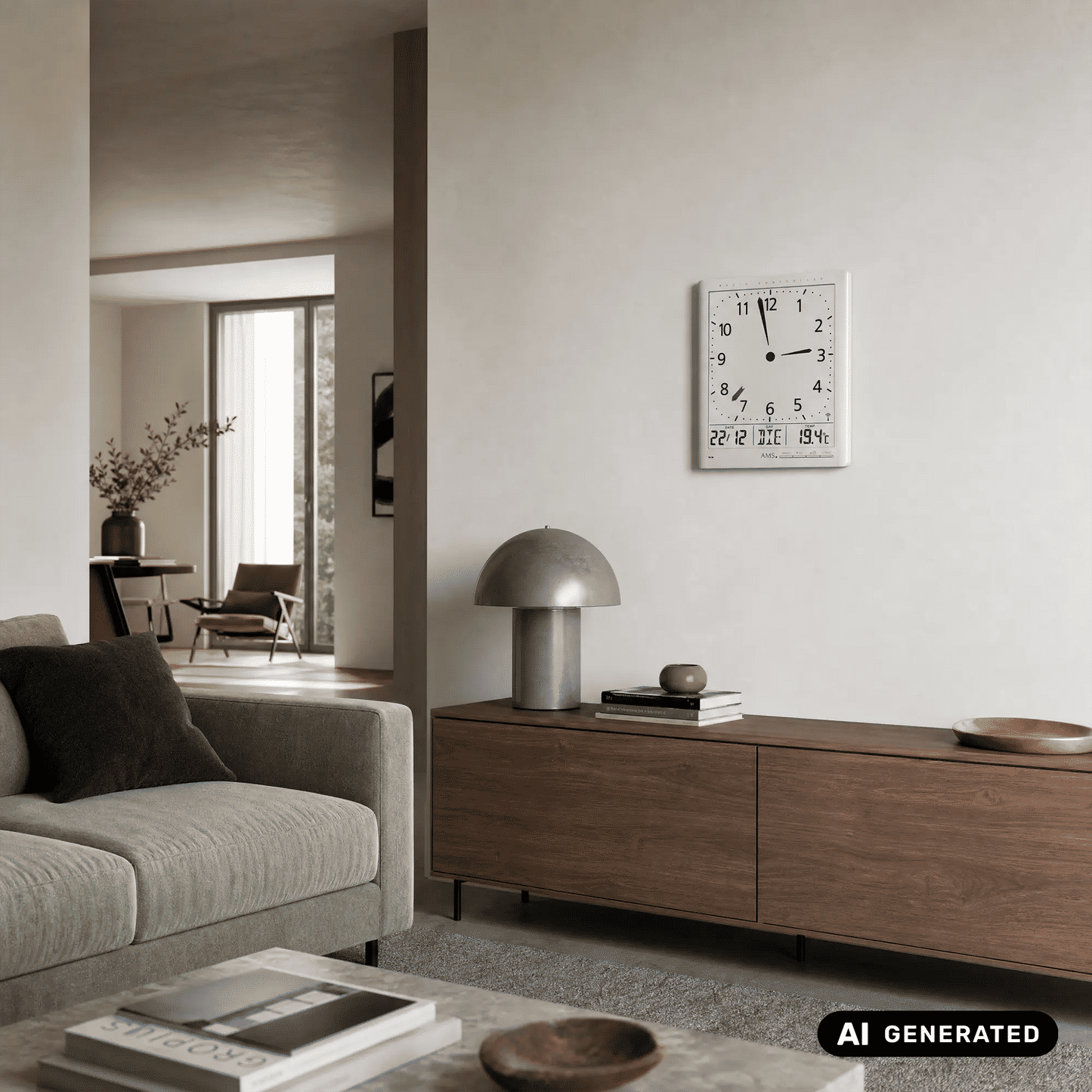 Silberne Funk-Wanduhr an der Wand: analoges Zifferblatt mit digitaler Anzeige