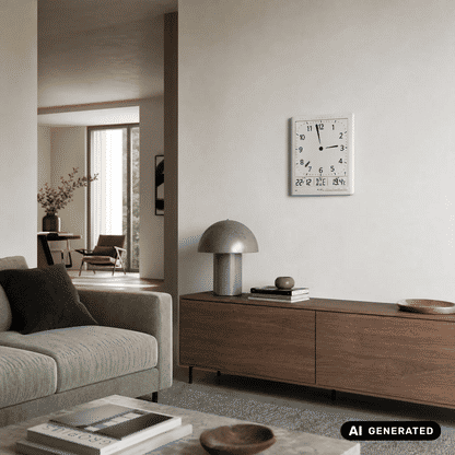Silberne Funk-Wanduhr an der Wand: analoges Zifferblatt mit digitaler Anzeige