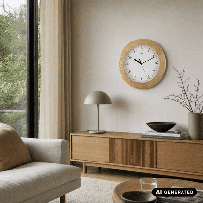 Runde Wanduhr mit Holzgehäuse und gewölbtem Glas, weißes Zifferblatt, schwarze Zeiger