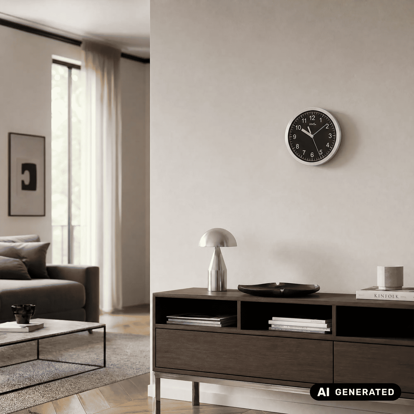 Wanduhr an der Wand mit schwarzem Ziffernblatt und silbernem Aluminiumrahmen, AMS