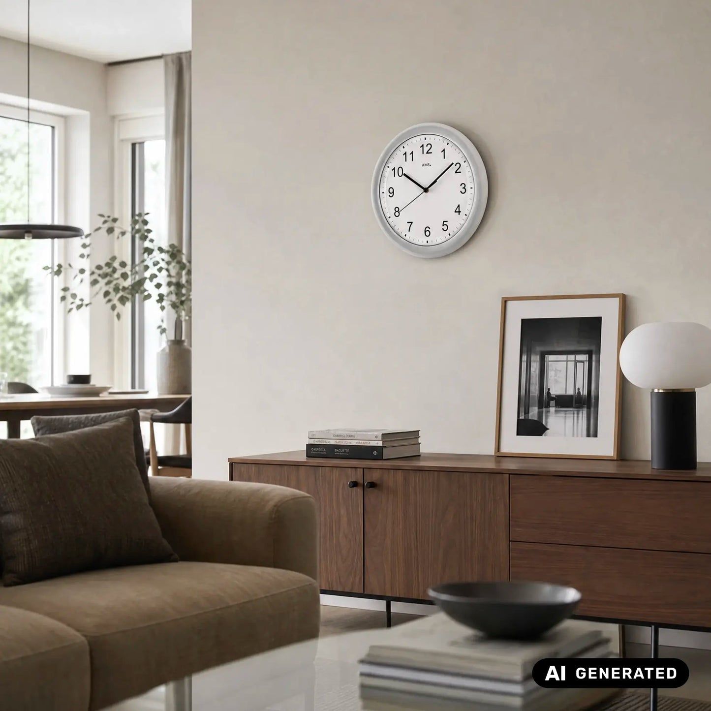 Wanduhr an der Wand mit silbernem Rahmen und weißem Zifferblatt, schwarze Zahlen und Zeiger