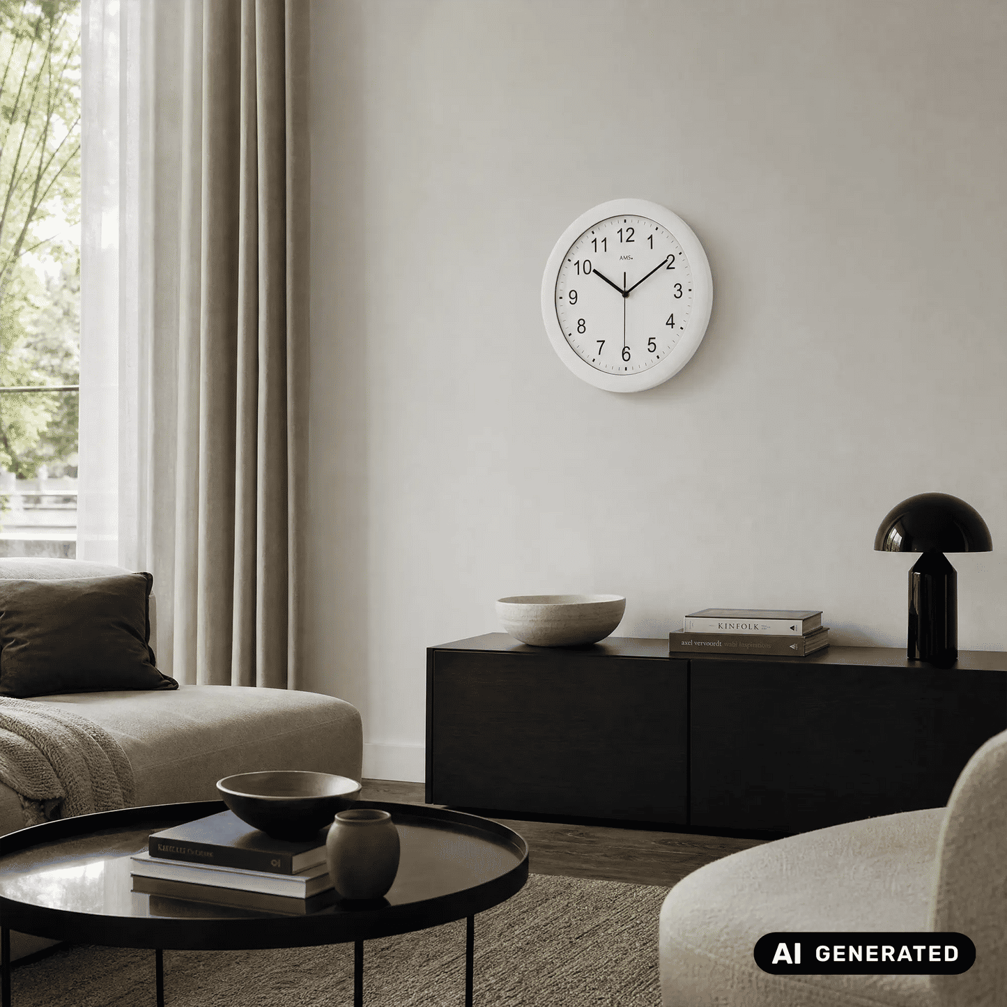 Weiße Funk-Wanduhr an der Wand mit schwarzem Ziffernblatt und gut lesbaren Ziffern
