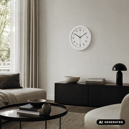 Weiße Funk-Wanduhr an der Wand mit schwarzem Ziffernblatt und gut lesbaren Ziffern