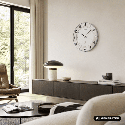 Funk-Wanduhr an der Wand mit weißem Ziffernblatt, schwarzen Zahlen und schlanken Zeigern