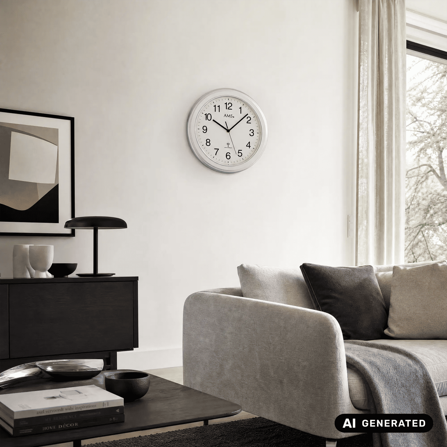 Wanduhr mit silbernem Rahmen und weißem Ziffernblatt, schwarze Zeiger, AMS-Aufdruck