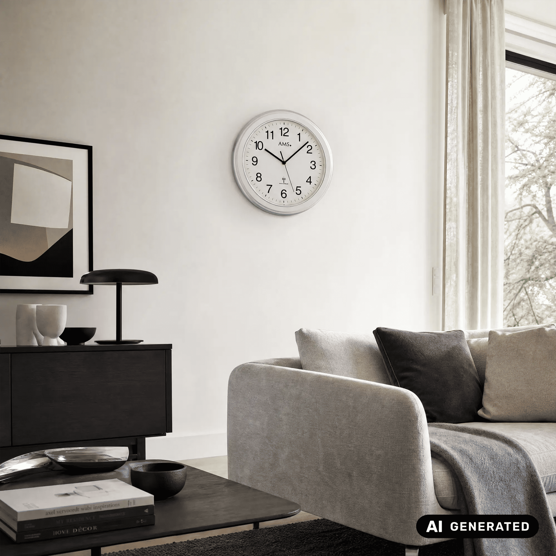 Wanduhr mit silbernem Rahmen und weißem Ziffernblatt, schwarze Zeiger, AMS-Aufdruck