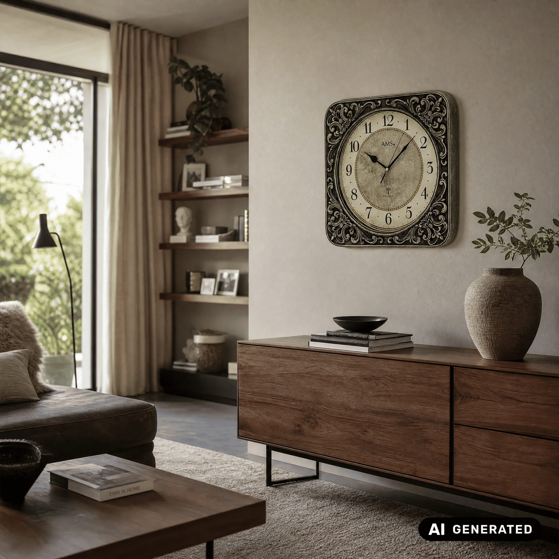 Funk-Wanduhr mit barocker Rahmung, hellem Ziffernblatt und schwarzen Zeigern im Wohnraum (AMS)