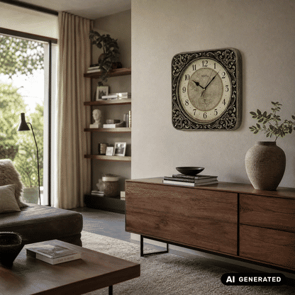 Funk-Wanduhr mit barocker Rahmung, hellem Ziffernblatt und schwarzen Zeigern im Wohnraum (AMS)