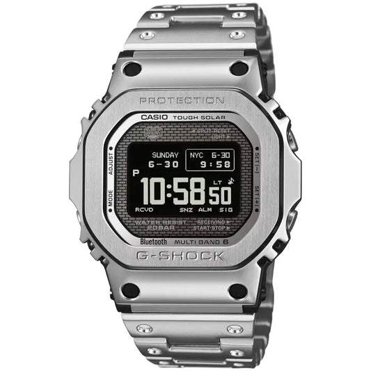 Casio G-Shock Herrenarmbanduhr GMW-BZ5000D-1ER, silberne Vollmetall-Uhr mit schwarzem Digitaldisplay