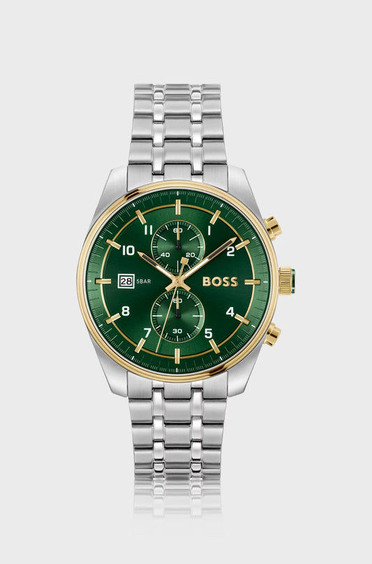Herren-Chronograph-Armbanduhr mit grünem Zifferblatt, zweifarbigem Stahlband