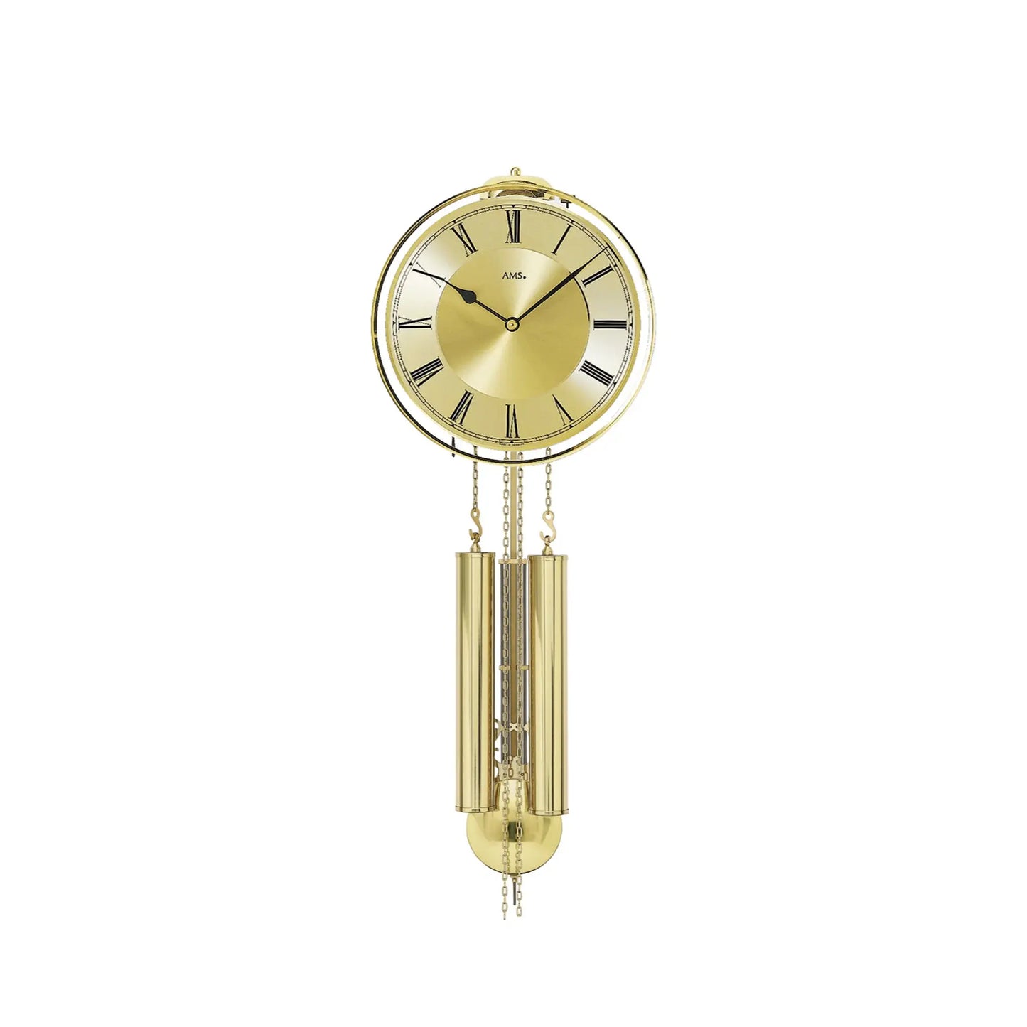 Wanduhr mit rundem Zifferblatt, Messinggehäuse und hängenden Kettenpendeln
