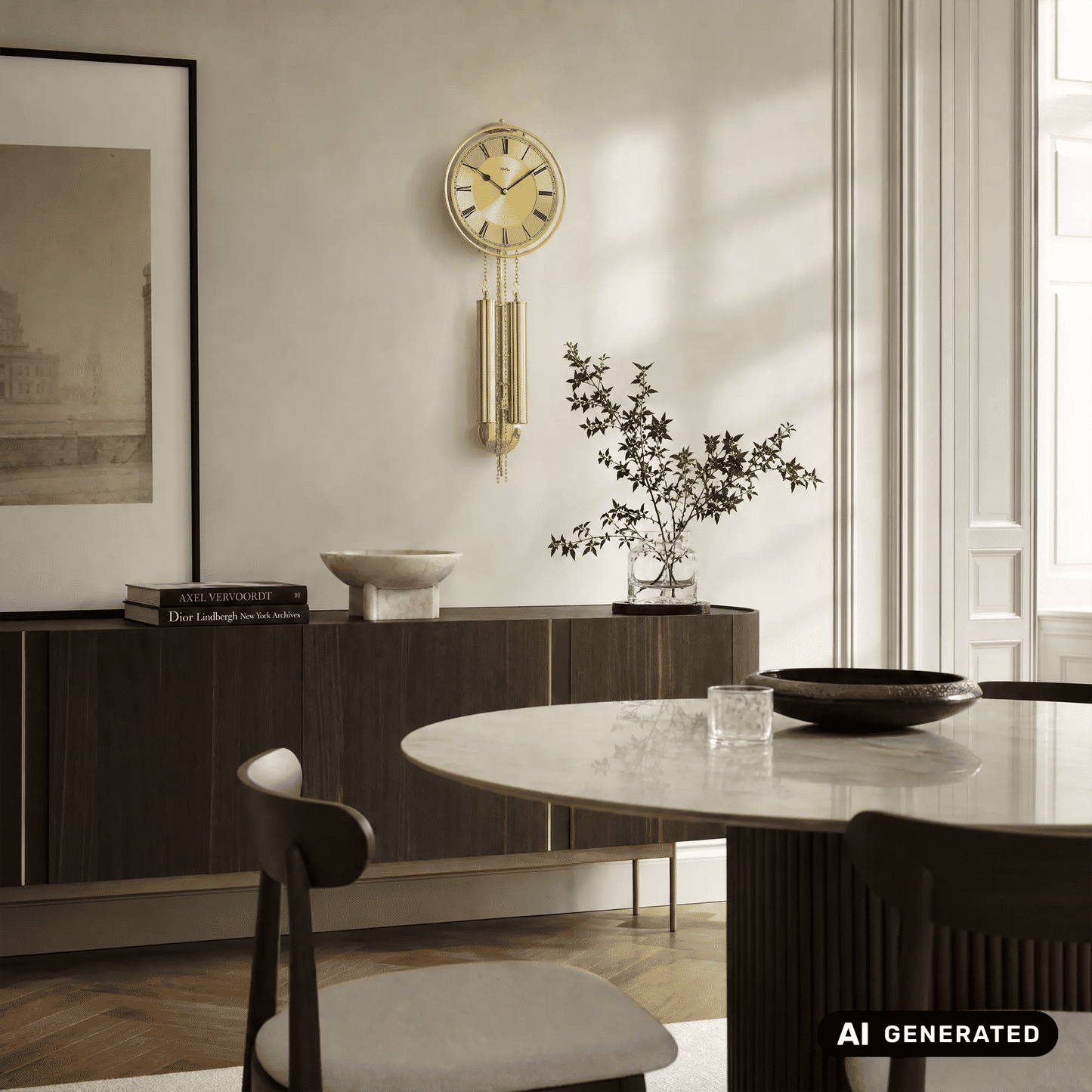 Wandmontierte Wanduhr mit goldenem Zifferblatt und Messingpendel