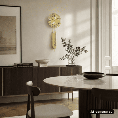 Wandmontierte Wanduhr mit goldenem Zifferblatt und Messingpendel