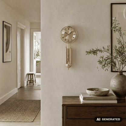 Wanduhr an der Wand mit rundem goldfarbenem Zifferblatt und Pendel