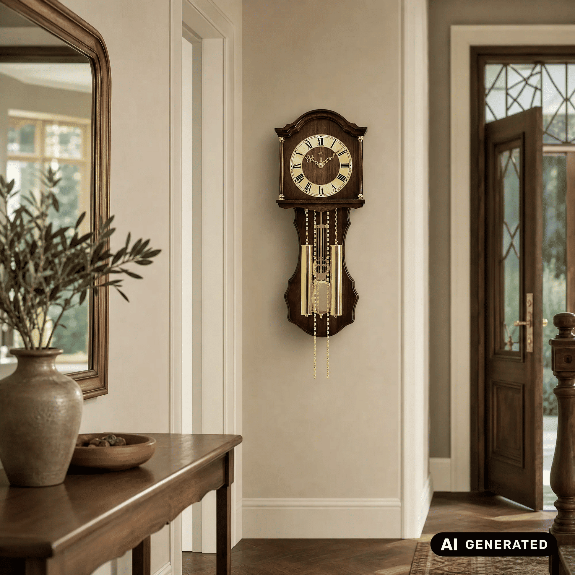 Braune Pendeluhr-Wanduhr mit rundem Zifferblatt und goldenen Pendelketten