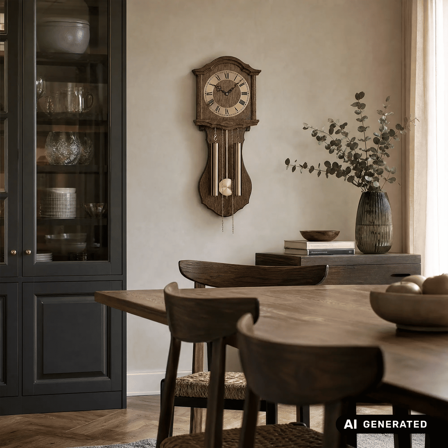 Wanduhr aus Holz mit Pendel, römischen Ziffern und Messinggewichten an Ketten