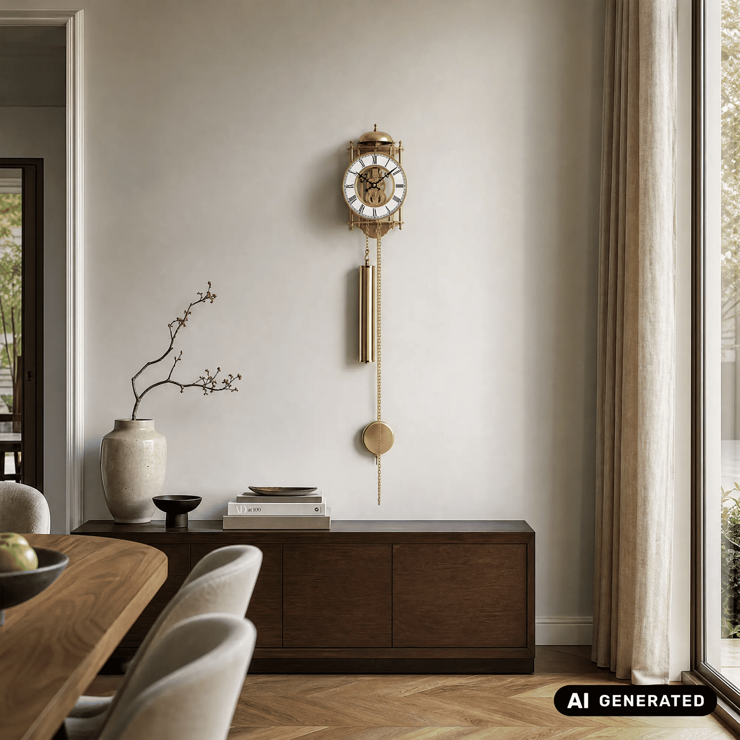 Wanduhr mit goldenem Gehäuse, rundem Ziffernblatt und Pendel mit Kette