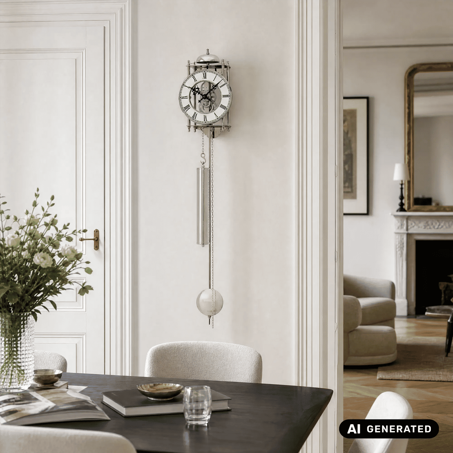 Pendeluhr mit rundem Aluminium-Ziffernring, Kette und Pendelkugel